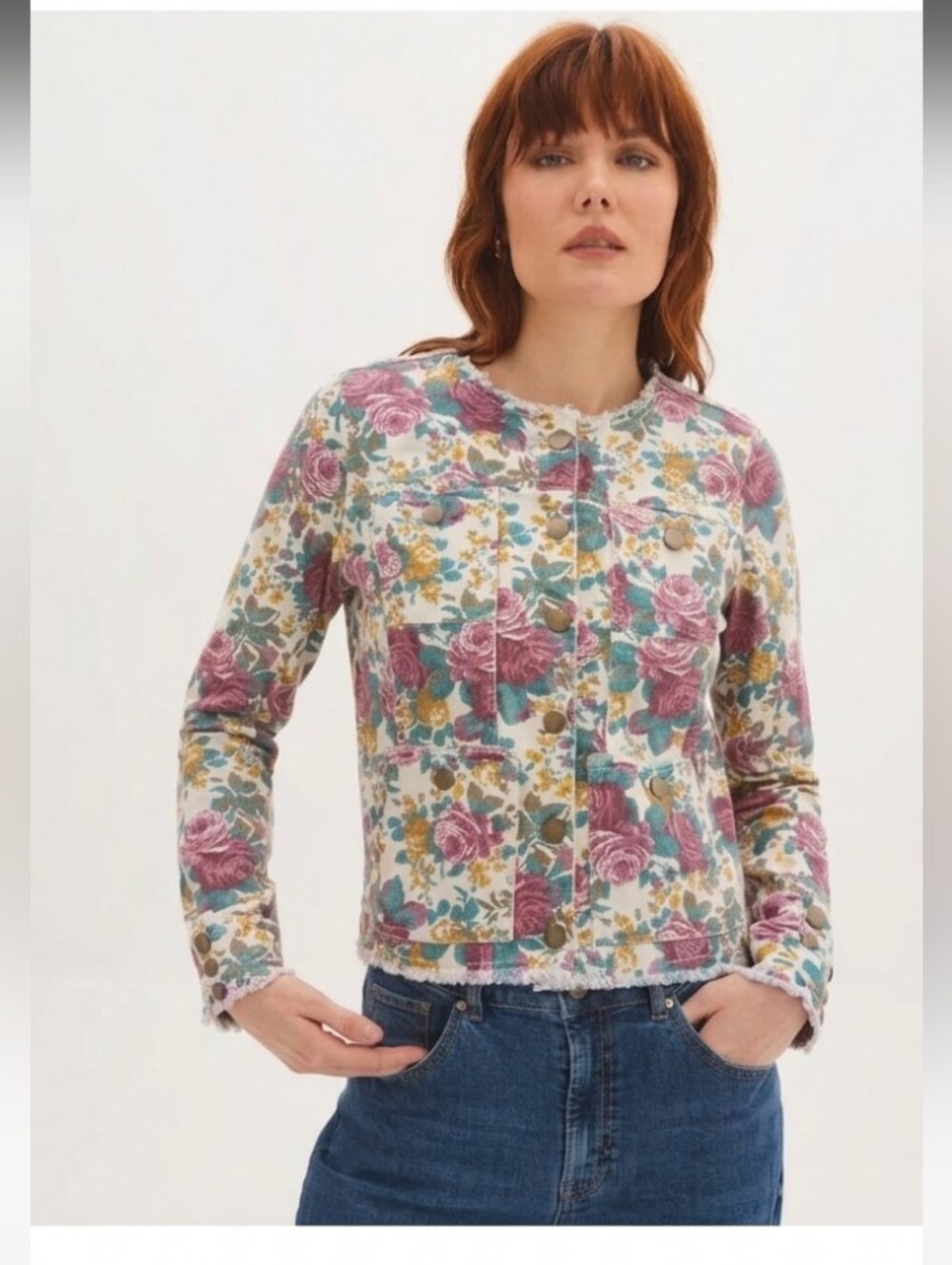 NWOT GUESS Small Floral Print Button-Front Denim Jacket